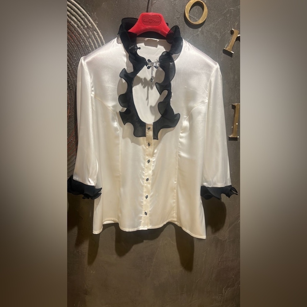 NWOT Vintage Aja Cream Blouse with Black Ruffle Trim